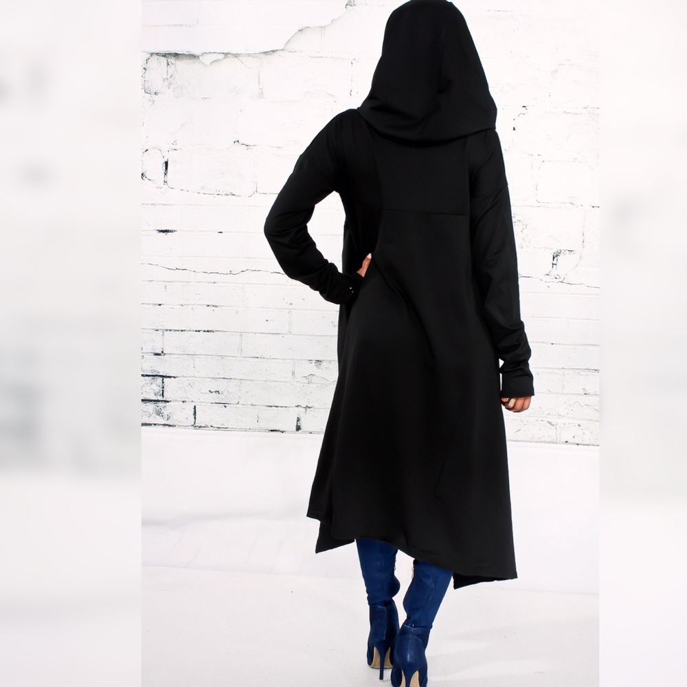 Asymmetrical High Lo Maxi Hoodie Tunic Dress Black - Picture 4 of 6
